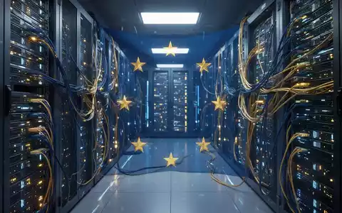 Ein futuristisches Rechenzentrum mit leuchtenden Servern und Netzwerkkabeln, das Europas digitale Souveränität und Cybersicherheit symbolisiert. - Foto: über boerse-global.de