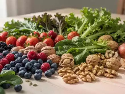 Nahaufnahme von frischem Obst, Gemüse und Nüssen auf einem Holztisch, die eine antientzündliche Ernährung symbolisieren. - Foto: über boerse-global.de