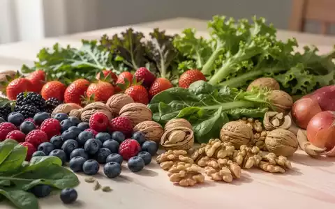 Nahaufnahme von frischem Obst, Gemüse und Nüssen auf einem Holztisch, die eine antientzündliche Ernährung symbolisieren. - Foto: über boerse-global.de