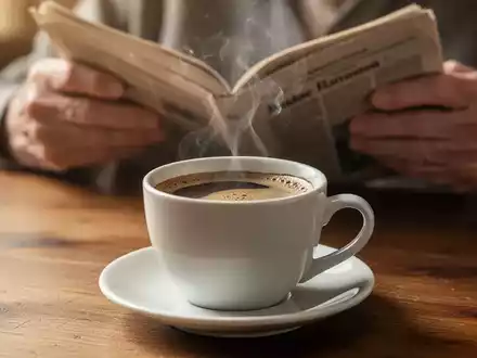 Eine dampfende Tasse Kaffee auf einem Holztisch, im Hintergrund unscharf die Hände einer älteren Person, die ein Buch hält. - Foto: über boerse-global.de