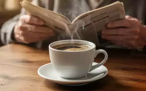 Eine dampfende Tasse Kaffee auf einem Holztisch, im Hintergrund unscharf die Hände einer älteren Person, die ein Buch hält. - Foto: über boerse-global.de
