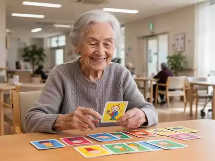 Eine lächelnde ältere Frau beteiligt sich an einer Gedächtnisübung mit bunten Karten in einem hellen Gemeindezentrum. - Foto: über boerse-global.de