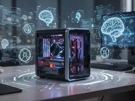 A sleek, modern mini-PC with glowing internal components sits on a futuristic desk, surrounded by holographic data projections. - Foto: über boerse-global.de