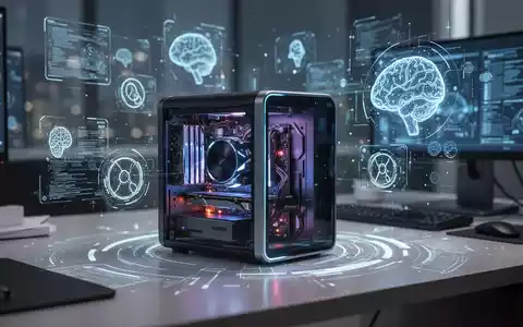 A sleek, modern mini-PC with glowing internal components sits on a futuristic desk, surrounded by holographic data projections. - Foto: über boerse-global.de