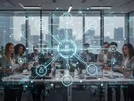A glowing digital interface with interconnected nodes representing AI agents, overlaid on a blurred image of a corporate office with people working. - Foto: über boerse-global.de