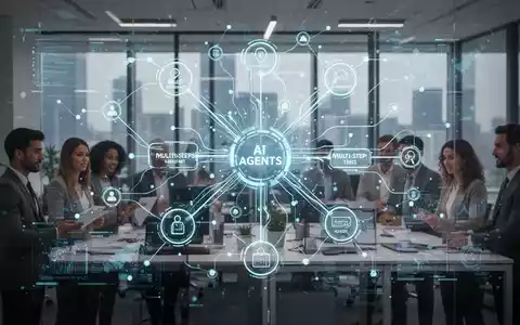 A glowing digital interface with interconnected nodes representing AI agents, overlaid on a blurred image of a corporate office with people working. - Foto: über boerse-global.de