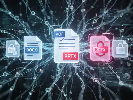 A glowing digital interface with document icons and a neural network, symbolizing AI document generation in a collaborative platform. - Foto: über boerse-global.de