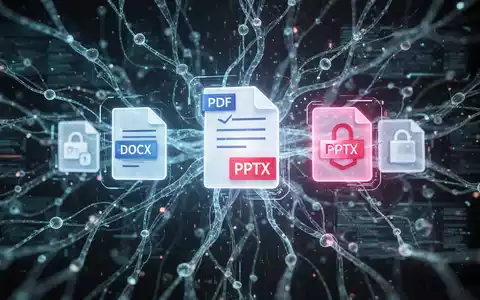 A glowing digital interface with document icons and a neural network, symbolizing AI document generation in a collaborative platform. - Foto: über boerse-global.de