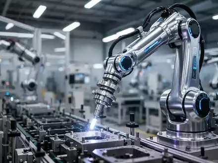 An advanced AI-native industrial robot arm in a modern, well-lit factory setting, performing a task on an assembly line. - Foto: über boerse-global.de