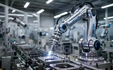 An advanced AI-native industrial robot arm in a modern, well-lit factory setting, performing a task on an assembly line. - Foto: über boerse-global.de