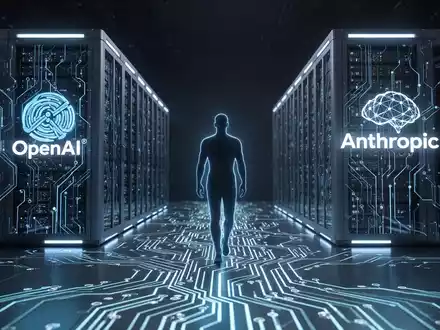 Two glowing human silhouettes, one leaving an OpenAI data center and walking towards an Anthropic data center on a circuit board path. - Foto: über boerse-global.de