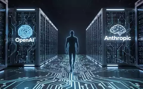 Two glowing human silhouettes, one leaving an OpenAI data center and walking towards an Anthropic data center on a circuit board path. - Foto: über boerse-global.de
