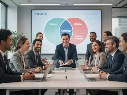 Eine Gruppe von Geschäftsleuten in einem modernen Büro, die zusammenarbeiten, mit einem subtilen Diagramm im Hintergrund, das neue Unternehmenskategorien darstellt. - Foto: über boerse-global.de