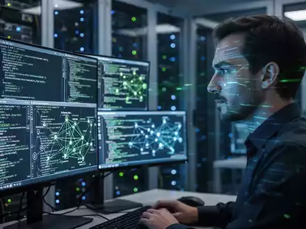 Ein Cybersecurity-Analyst arbeitet in einem modernen Rechenzentrum, umgeben von Bildschirmen mit Code und Netzwerkdiagrammen. - Foto: über boerse-global.de