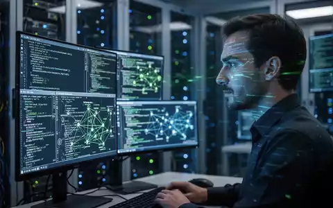 Ein Cybersecurity-Analyst arbeitet in einem modernen Rechenzentrum, umgeben von Bildschirmen mit Code und Netzwerkdiagrammen. - Foto: über boerse-global.de