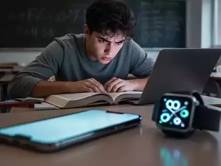 Ein unscharfes Smartphone und eine Smartwatch im Vordergrund, mit einem konzentrierten, aber frustrierten Schüler im Hintergrund. - Foto: über boerse-global.de