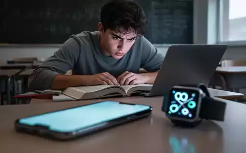 Ein unscharfes Smartphone und eine Smartwatch im Vordergrund, mit einem konzentrierten, aber frustrierten Schüler im Hintergrund. - Foto: über boerse-global.de