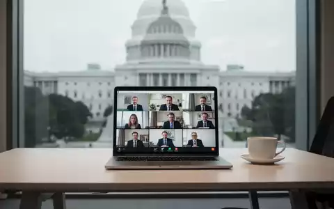 Ein moderner Schreibtisch mit Laptop, der eine Videokonferenz zeigt, und einer Kaffeetasse, im Hintergrund ein Regierungsgebäude. - Foto: über boerse-global.de