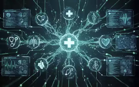 Ein stilisiertes digitales Netzwerk verbindet medizinische Symbole und Bildschirme, das die Interoperabilität im Gesundheitswesen darstellt. - Foto: über boerse-global.de