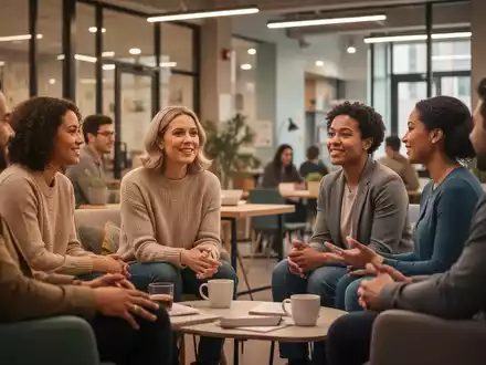 Eine vielfältige Gruppe von Menschen unterhält sich in einem modernen Gemeinschaftsraum, der eine ruhige und unterstützende Atmosphäre schafft. - Foto: über boerse-global.de
