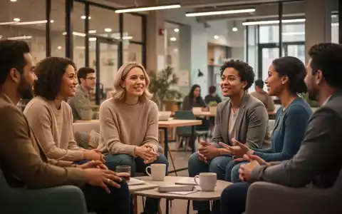 Eine vielfältige Gruppe von Menschen unterhält sich in einem modernen Gemeinschaftsraum, der eine ruhige und unterstützende Atmosphäre schafft. - Foto: über boerse-global.de