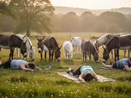 Menschen praktizieren Yoga oder Pilates auf einer Wiese, umgeben von friedlich grasenden Pferden und Eseln unter warmem Sonnenlicht. - Foto: über boerse-global.de