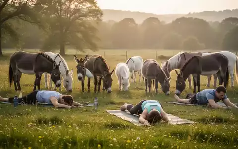 Menschen praktizieren Yoga oder Pilates auf einer Wiese, umgeben von friedlich grasenden Pferden und Eseln unter warmem Sonnenlicht. - Foto: ĂŒber boerse-global.de