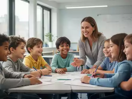 Eine Gruppe lachender Kinder in einem Klassenzimmer, die gemeinsam mit einer erwachsenen Bezugsperson an einer Aktivität teilnehmen. - Foto: über boerse-global.de