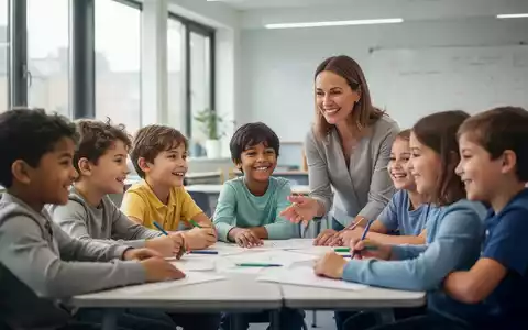 Eine Gruppe lachender Kinder in einem Klassenzimmer, die gemeinsam mit einer erwachsenen Bezugsperson an einer Aktivität teilnehmen. - Foto: über boerse-global.de