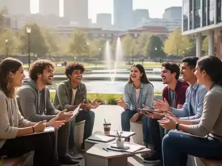 Studierende diskutieren in einem modernen Universitätsgebäude, mit unscharfer Stadtansicht und Wasser im Hintergrund, symbolisch für Resilienz. - Foto: über boerse-global.de