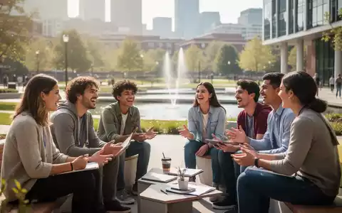 Studierende diskutieren in einem modernen UniversitĂ€tsgebĂ€ude, mit unscharfer Stadtansicht und Wasser im Hintergrund, symbolisch fĂŒr Resilienz. - Foto: ĂŒber boerse-global.de
