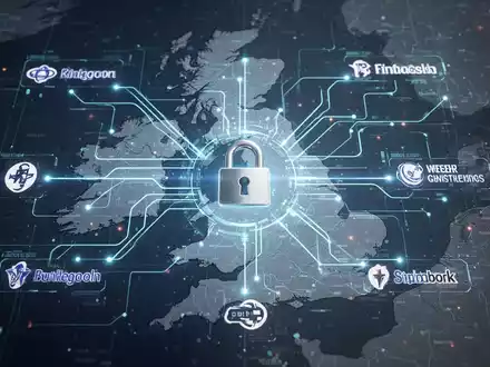 A digital network illustration with glowing lines connecting various financial institutions on a subtle map of the UK, symbolizing open banking. - Foto: über boerse-global.de