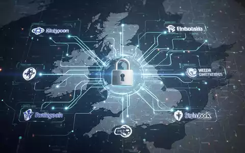 A digital network illustration with glowing lines connecting various financial institutions on a subtle map of the UK, symbolizing open banking. - Foto: über boerse-global.de