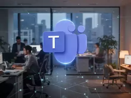 Ein stilisiertes, leuchtendes Microsoft Teams-Logo über einer verschwommenen Büroumgebung und einem Homeoffice-Arbeitsplatz, verbunden durch digitale Linien. - Foto: über boerse-global.de