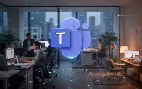 Ein stilisiertes, leuchtendes Microsoft Teams-Logo über einer verschwommenen Büroumgebung und einem Homeoffice-Arbeitsplatz, verbunden durch digitale Linien. - Foto: über boerse-global.de