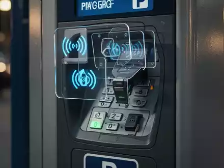 Nahaufnahme eines Parkautomaten mit einem betrügerischen Aufsatz auf dem Kontaktlos-Bezahlfeld, der eine Manipulation darstellt. - Foto: über boerse-global.de
