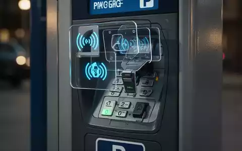 Nahaufnahme eines Parkautomaten mit einem betrĂŒgerischen Aufsatz auf dem Kontaktlos-Bezahlfeld, der eine Manipulation darstellt. - Foto: ĂŒber boerse-global.de