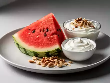 Eine appetitliche Scheibe Wassermelone auf einem Teller, daneben Joghurt und Nüsse, symbolisiert eine ausgewogene Ernährung für Diabetiker. - Foto: über boerse-global.de