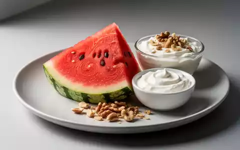 Eine appetitliche Scheibe Wassermelone auf einem Teller, daneben Joghurt und Nüsse, symbolisiert eine ausgewogene Ernährung für Diabetiker. - Foto: über boerse-global.de