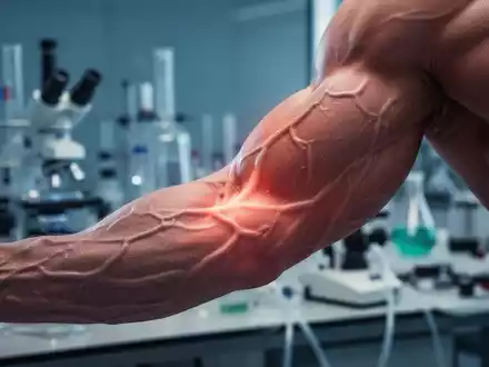 Ein detailliertes Bild eines muskulösen Arms, der Kraft und Stoffwechselaktivität symbolisiert, mit einem unscharfen wissenschaftlichen Hintergrund. - Foto: über boerse-global.de