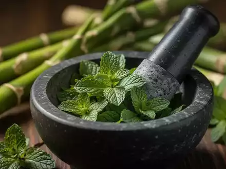 Ein Mörser und StöĂel zerkleinern frische PfefferminzblĂ€tter, mit unscharfen Bambussprossen im Hintergrund. - Foto: ĂŒber boerse-global.de