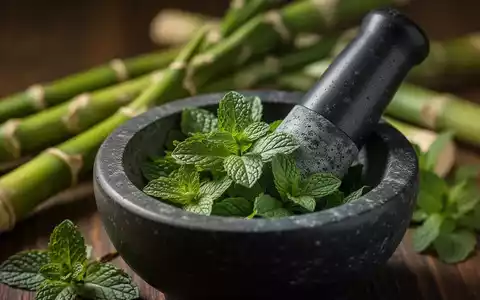 Ein Mörser und Stößel zerkleinern frische Pfefferminzblätter, mit unscharfen Bambussprossen im Hintergrund. - Foto: über boerse-global.de