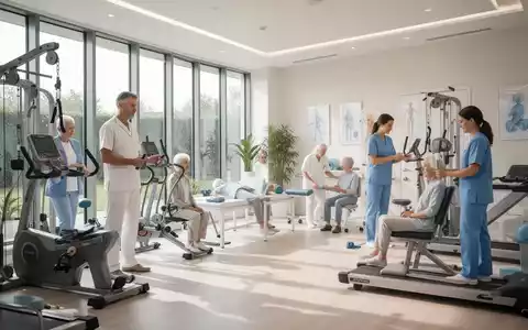 Innenansicht einer modernen Reha-Klinik mit Patienten bei Therapiesitzungen und engagierten Therapeuten in heller, sauberer Umgebung. - Foto: über boerse-global.de