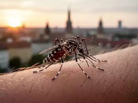 Eine asiatische Tigermücke sitzt auf einem menschlichen Arm. Im unscharfen Hintergrund sind Gebäude einer europäischen Stadt zu sehen. - Foto: über boerse-global.de
