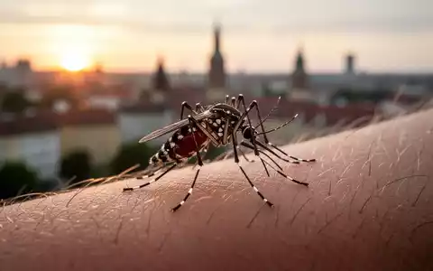 Eine asiatische Tigermücke sitzt auf einem menschlichen Arm. Im unscharfen Hintergrund sind Gebäude einer europäischen Stadt zu sehen. - Foto: über boerse-global.de