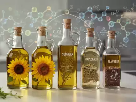 Verschiedene Speiseöle in eleganten Glasflaschen auf einer Küchenzeile, darunter Raps-, Sonnenblumen- und Distelöl. - Foto: über boerse-global.de