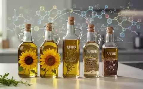 Verschiedene Speiseöle in eleganten Glasflaschen auf einer Küchenzeile, darunter Raps-, Sonnenblumen- und Distelöl. - Foto: über boerse-global.de