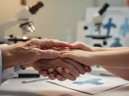 Eine Nahaufnahme der Hände einer älteren Person, die sanft die Hand einer jüngeren Person berühren, mit unscharfem wissenschaftlichem Hintergrund. - Foto: über boerse-global.de
