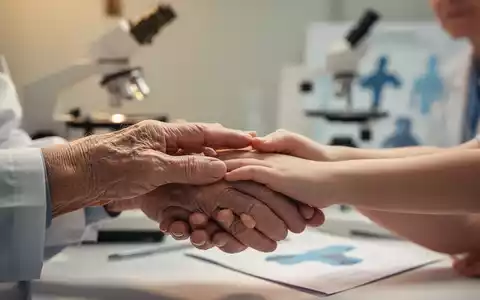 Eine Nahaufnahme der Hände einer älteren Person, die sanft die Hand einer jüngeren Person berühren, mit unscharfem wissenschaftlichem Hintergrund. - Foto: über boerse-global.de