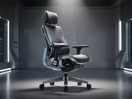 Ein moderner, ergonomischer Bürostuhl in einem minimalistischen, high-tech Büroambiente mit sanfter, fokussierter Beleuchtung. - Foto: über boerse-global.de